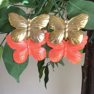 Dangling Butterfly Earrings Gold-toned and Orange with Rhinestones, 3 1/2” drop